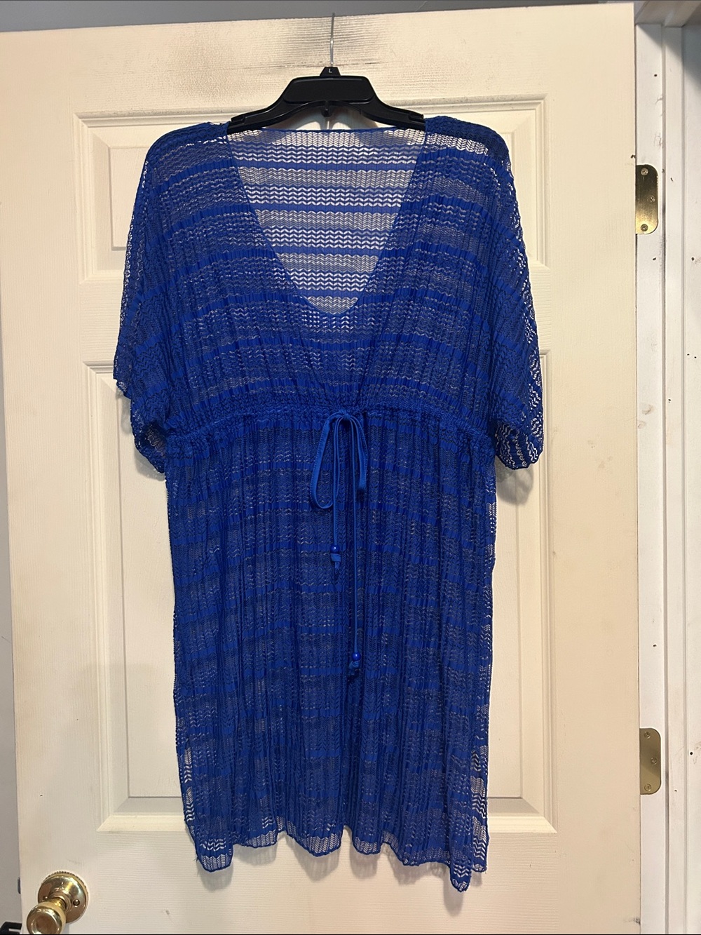 Blue Crochet Beach Cover-Up with Drawstring Waist OS